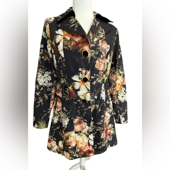 dennis basso Jackets & Blazers - Dennis Basso Floral Print Coat XS Black Romantic Rose Jacket Statement Designer